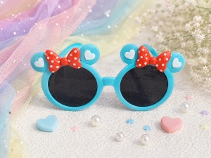 Ochelari de Soare pentru Copii, Marime Universala, Albastru cu Fundite Portocalii, Plastic