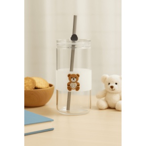 Pahar cu Pai, din Sticla, Model Ursulet Roz, 350 ml - Img 2