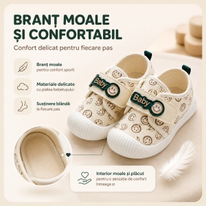 Pantofi Bebeluși pentru Primii Pași, Închidere cu Scai, Branț Moale, Model Smiley Baby, Crem cu Verde - Img 4