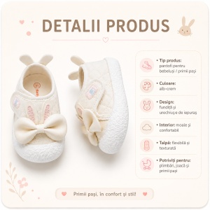 Pantofi Bebeluși pentru Primii Pași, Închidere cu Scai, Branț Moale, Model Fundiță și Urechi de Iepuraș, Roz Pal - Img 2