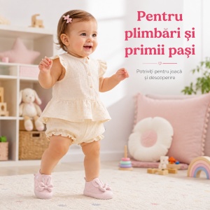 Pantofi Bebeluși pentru Primii Pași, Închidere cu Scai, Branț Moale, Model Fundiță și Urechi de Iepuraș, Roz - Img 6
