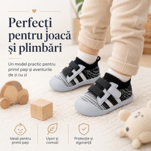 Pantofi Copii pentru Primii Pași, cu Scai, Bandă Elastică, Branț Moale, Talpă Antiderapantă, Negru cu Alb - Img 8
