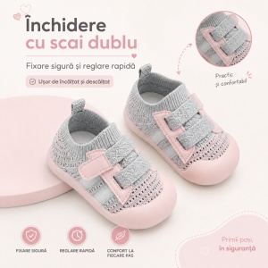 Pantofi Copii pentru Primii Pași, cu Scai, Bandă Elastică, Branț Moale, Talpă Antiderapantă, Gri cu Roz Pal - Img 3