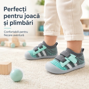 Pantofi Copii pentru Primii Pași, Închidere cu Scai, Bandă Elastică, Branț Moale, Talpă Antiderapantă, Gri cu Verde Mentă - Img 8