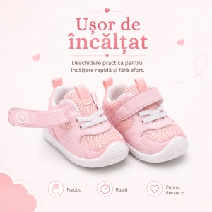 Pantofi Copii Stil Adidași, cu Elastic și Scai, Branț Moale, Talpă din Cauciuc, Roz Pal - Img 6