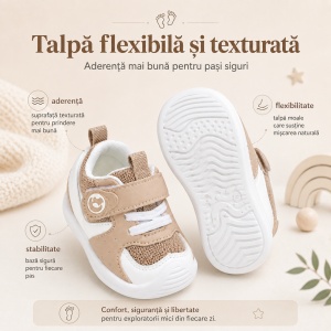 Pantofi Copii Stil Adidași, cu Elastic și Scai, Branț Moale, Talpă din Cauciuc, Alb cu Bej - Img 6