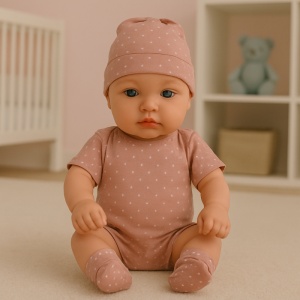Papusa Mini Bebelus, Fetita, Corp Moale si Mobil, Rose cu Buline, 20 cm