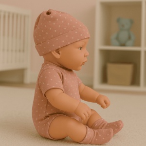 Papusa Mini Bebelus, Fetita, Corp Moale si Mobil, Rose cu Buline, 20 cm - Img 2