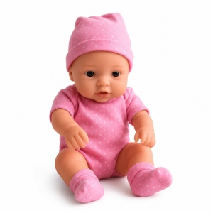Papusa Mini Bebelus, Fetita, Corp Moale si Mobil, Roz cu Buline, 20 cm