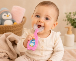 Periuta de dinti pentru Copii, Manuala, Silicon si Plastic, 10 cm, Pinguin Roz, 2 ani+ - Img 3