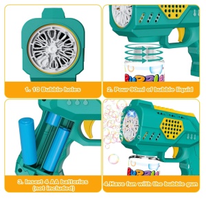 Pistol Automat pentru Baloane de Săpun Bubble Blaster Verde, Lumini LED, Funcționare pe Baterii - Img 5
