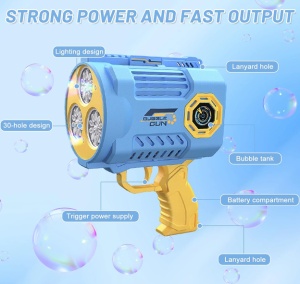 Pistol pentru Baloane de Săpun Bubble Blaster Pro Albastru-Galben cu Acumulator Reîncărcabil, Încărcare USB, 3 Orificii, Lumini LED - Img 4