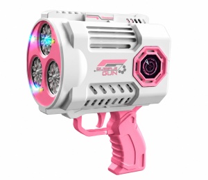 Pistol pentru Baloane de Săpun Bubble Blaster Pro Roz-Alb cu Acumulator Reîncărcabil, Încărcare USB, 3 Orificii, Lumini LED
