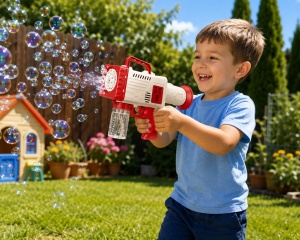 Pistol pentru Baloane de Săpun Model Bubble Rocket Roșu-Alb, cu Lumini LED, Funcționare pe Baterii - Img 2