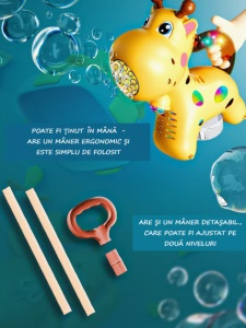 Pistol pentru Baloane de Săpun Model Girafă Safari Galben-Maro, cu Lumini LED, Acumulator Reîncărcabil, Încărcare prin Cablu Type-C Inclus, Mâner de Împingere - Img 2