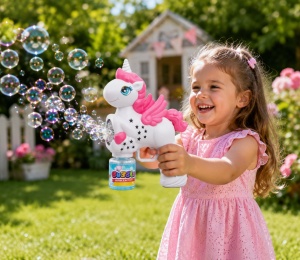 Pistol pentru Baloane de Săpun Unicorn Alb-Roz, Lumini LED, Funcționare pe Baterii - Img 2