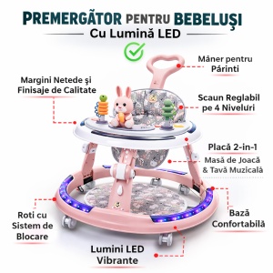 Premergător Roz Multifuncțional,6-24 Luni, cu Mâner Parental, Lumini LED 360°,cu Muzică și Jucării - Img 5
