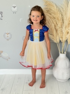 Rochie Fetite Carnaval, Printesa, Tull/Saten, Albastru si Galben, Bordura Rosie - Img 4