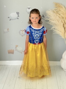 Rochie Fetite Carnaval, Printesa, Tull/Saten, Albastru si Galben, Sclipici Auriu