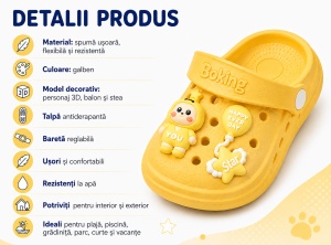 Saboți Copii Tip Crocs cu Personaj 3D, Balon și Stea Decorativa, Baretă Reglabilă, Talpă Antiderapantă, Galben - Img 4