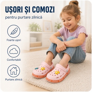Saboți Copii Tip Crocs din Spumă cu Accesorii 3D Detașabile, Baretă Reglabilă, Talpă Antiderapantă, Roz - Img 7