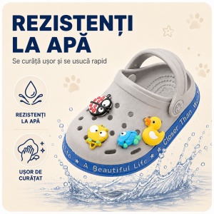 Saboți Copii Tip Crocs din Spumă cu Accesorii 3D Detașabile și Baretă Reglabilă, Gri - Img 5