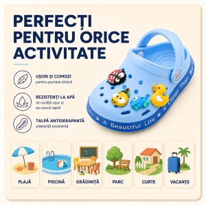 Saboți Copii Tip Crocs din Spumă cu Accesorii 3D Detașabile și Baretă Reglabilă, Albastru Deschis - Img 8