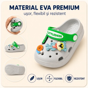Saboți Copii Tip Crocs din Spumă cu Accesorii Detasabile și Baretă Reglabilă, Gri - Img 4