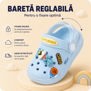 Saboți Copii Tip Crocs din Spumă cu Accesorii Detașabile și Baretă Reglabilă, Bleu - Img 4