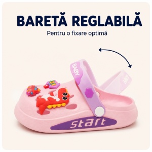 Saboți Copii Tip Crocs din Spumă cu Dino Baby 3D și Accesorii Decorative, Baretă Reglabilă, Talpă Antiderapantă, Roz - Img 3