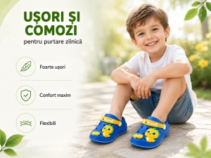 Saboți Copii Tip Crocs din Spumă cu Dinozaur 3D Galben, Baretă Reglabilă, Talpă Antiderapantă, Albastru - Img 2