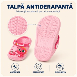 Saboți Copii Tip Crocs din Spumă cu Dinozaur 3D Roz, Baretă Reglabilă, Talpă Antiderapantă, Roz - Img 6