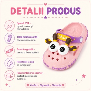 Saboți Copii Tip Crocs din Spumă cu Girafă 3D, Baretă Reglabilă, Talpă Antiderapantă, Roz - Img 2
