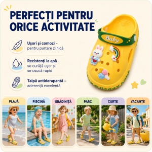 Saboți Copii Tip Crocs din Spumă cu Iepuraș 3D și Curcubeu Decorativ, Baretă Reglabilă, Talpă Antiderapantă, Galben - Img 8