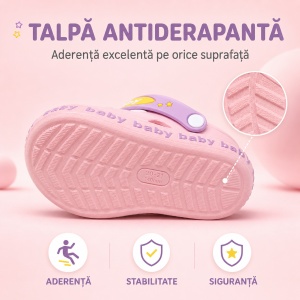 Saboți Copii Tip Crocs din Spumă cu Iepuraș 3D și Curcubeu Decorativ, Baretă Reglabilă, Talpă Antiderapantă, Roz - Img 5