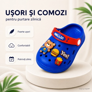 Saboți Copii Tip Crocs din Spumă cu Ursuleț 3D și Accesorii Decorative, Baretă Reglabilă, Talpă Antiderapantă, Albastru - Img 3