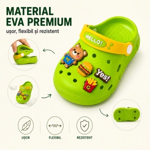 Saboți Copii Tip Crocs din Spumă cu Ursuleț 3D și Accesorii Decorative, Baretă Reglabilă, Talpă Antiderapantă, Verde - Img 4