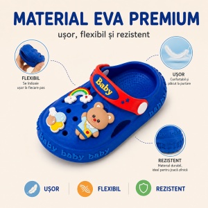 Saboți Copii Tip Crocs din Spumă cu Ursuleț 3D și Curcubeu Decorativ, Baretă Reglabilă, Talpă Antiderapantă, Albastru - Img 7