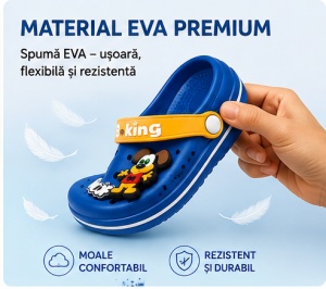Saboți Copii Tip Crocs din Spuma EVA cu Cățeluș 3D, Baretă Reglabilă, Talpă Antiderapantă, Albastru - Img 4