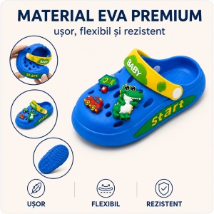 Saboți Copii Tip Crocs din Spumă EVA cu Dino Baby 3D și Accesorii Decorative, Baretă Reglabilă, Talpă Antiderapantă, Albastru - Img 6