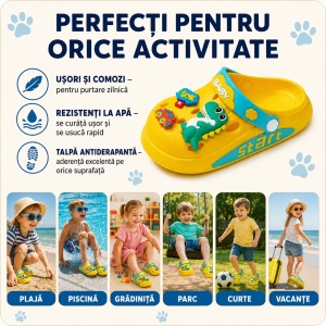 Saboți Copii Tip Crocs din Spumă EVA cu Dino Baby 3D și Accesorii Decorative, Baretă Reglabilă, Talpă Antiderapantă, Galben - Img 8