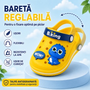 Saboți Copii Tip Crocs din Spumă EVA cu Dinozaur 3D Albastru, Baretă Reglabilă, Talpă Antiderapantă, Galben - Img 3