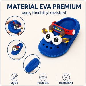 Saboți Copii Tip Crocs din Spumă EVA cu Girafă 3D, Baretă Reglabilă, Talpă Antiderapantă, Albastru - Img 4