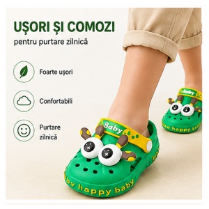 Saboți Copii Tip Crocs din Spumă EVA cu Girafă 3D, Baretă Reglabilă, Talpă Antiderapantă, Verde - Img 8