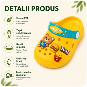 Saboți Copii Tip Crocs din Spumă EVA cu Ursuleț 3D și Accesorii Decorative, Baretă Reglabilă, Talpă Antiderapantă, Galben - Img 2