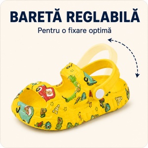 Saboți Copii Tip Crocs din Spumă, Model Decupat cu Mașinuțe Colorate, Baretă Reglabilă, Galben - Img 3
