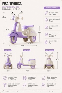 Scooter Mov pentru Copii cu 3 Roți, Far LED, Direcție 135° și Compartiment Depozitare – Ride-On pentru Copii 1-6 Ani - Img 2