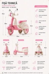 Scooter Roz pentru Copii cu 3 Roți, Far LED, Direcție 135° și Compartiment Depozitare – Ride-On pentru Copii 1-6 Ani - Img 2