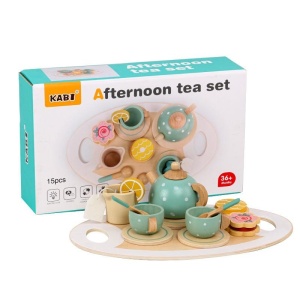 Set Educativ Montessori din Lemn Ceainic, Lemn,15 Piese, 36 Luni+, Turquoise