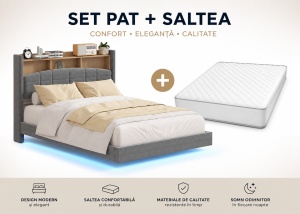 SET Pat MARIO Gri Complet Tapitat Catifea + Saltea Lux Ortopedica, Arcuri Bonnell si Spuma Poliuretanica